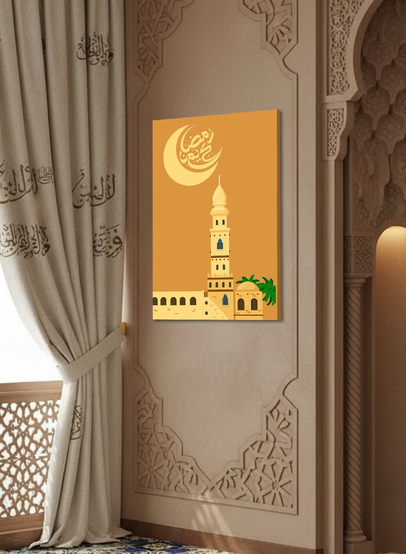 لوحة كانفاس على إطار خشبي بتصميم رمضان كريم مع هلال رمضان ومسجد - Image 1